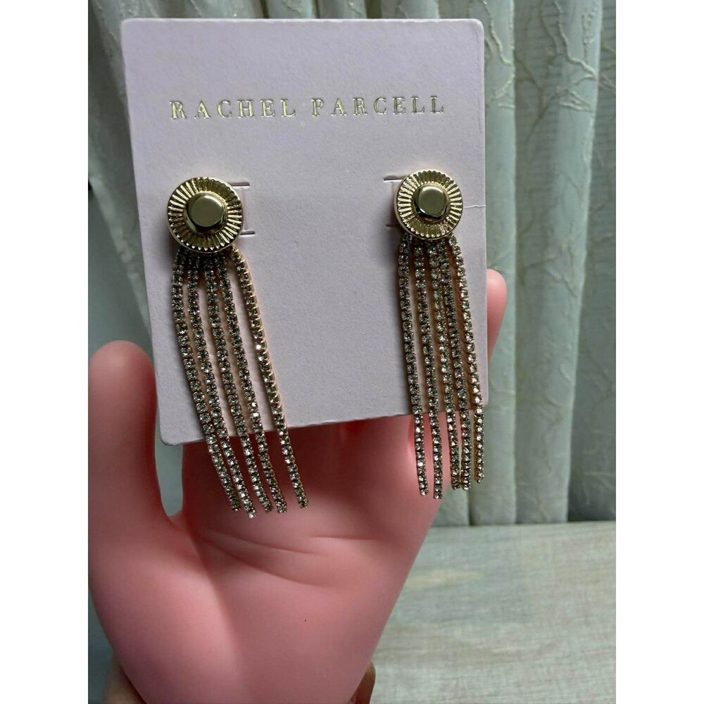 Rachel Parcell Gold Tone Tassel Fashion Earrings Crystal Chain Design